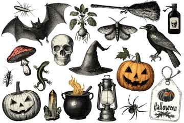halloween icons set vintage illustration isolated on transparent background