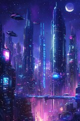 An isometric illustration of a sprawling futuristic city skyline at night.