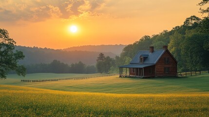 Sunrise Over Rural Cabin