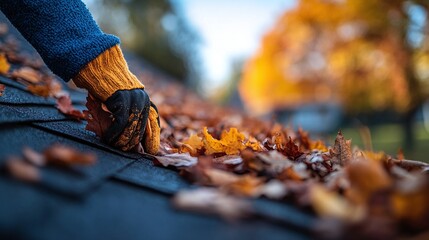 Naklejka premium cleaning leaves from a roof gutter during the fall season, emphasizing the importance of roof maintenance and proper upkeep for home longevity