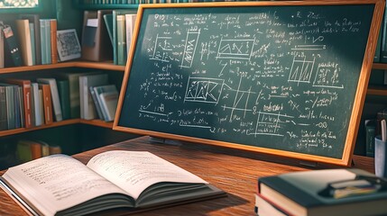 A 3D illustration of a classroom chalkboard filled with mathematical equations and diagrams, paired with an open book resting on a desk, creating an engaging educational environment 