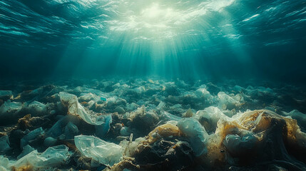 Fototapeta premium Floating plastic garbage pollutes the surface of a serene ocean under a cloudy sky