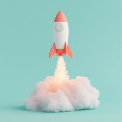 3D Cartoon Rocket Ship Blasting Off into the Sky