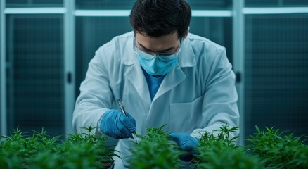 A lab technician carefully examines and trims cannabis plants while wearing protective gear in a controlled research environment.