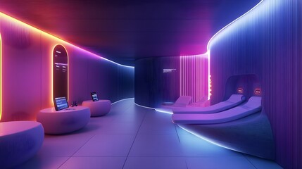 A modern tea house with sleek, interactive digital tea selectors and neon-infused brews, offering a tranquil atmosphere where technology and relaxation blend seamlessly 