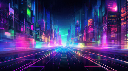 Vibrant and colorful cityscape at night. The skyline is filled with skyscrapers illuminated by neon lights in different colors. Futuristic Atmosphere. Cyberpunk Aesthetic. Neon Lights.