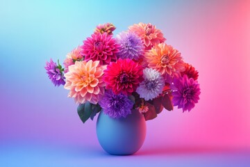 Obraz premium A vibrant bouquet of colorful flowers in a decorative vase. The lighting creates an artistic glow. Perfect for design projects or floral themes. Generative AI
