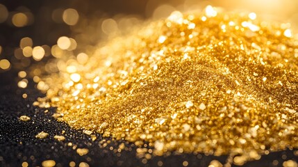 A pile of shimmering gold dust glistens under direct light, with each particle reflecting brilliance and symbolizing pure wealth and abundance 