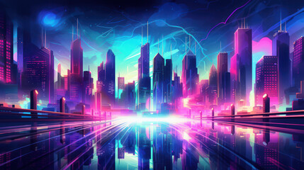 Vibrant and colorful cityscape at night. The skyline is filled with skyscrapers illuminated by neon lights in different colors. Futuristic Atmosphere. Cyberpunk Aesthetic. Neon Lights.
