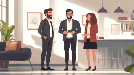 real estate agent presenting a new apartment to a couple, offering insights on housing market trends and home buying tips