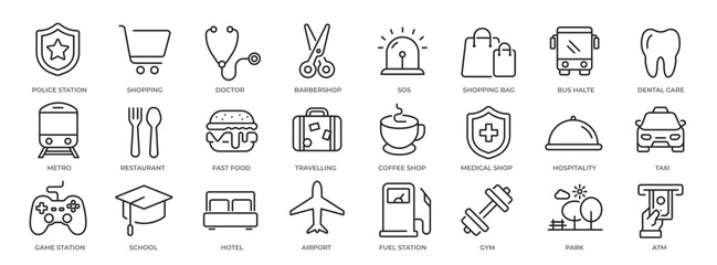 Public navigation simple minimal thin line icons. Related transportation, place, sign. Editable stroke. Vector illustration.