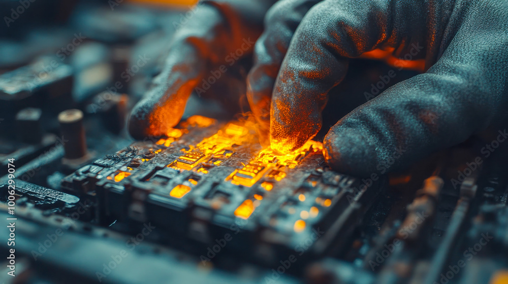 Poster close-up shot of a mechanic's hands working on an engine part, glowing with warm light, symbolizing 
