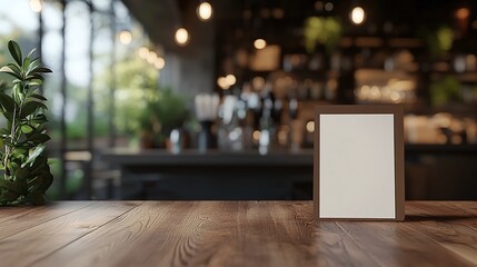 blurred cafe bar background with a table tent menu card mock up, showcasing modern ambiance and stylish interior