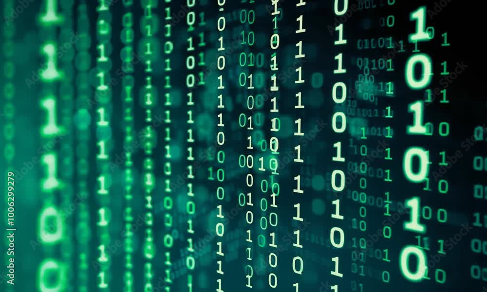 Fototapete 4k animation of green binary digits flowing in a digital stream, representing coding, data transfer,