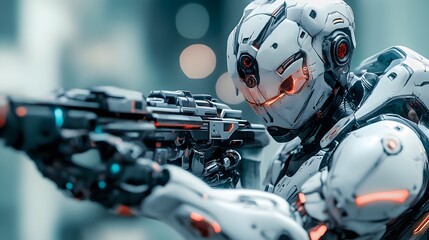 Fototapeta premium Game figure wearing futuristic armor holding a detailed weapon in standing pose