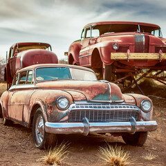 Classic American vehicles rusting away in a Retro Dystopia setting.