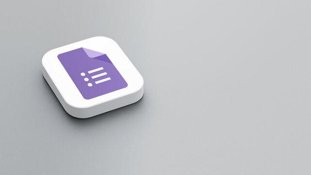 An icon of the Google Forms logo on a gray background, a white square with rounded corners, a minimalistic design, 3D rendering.	