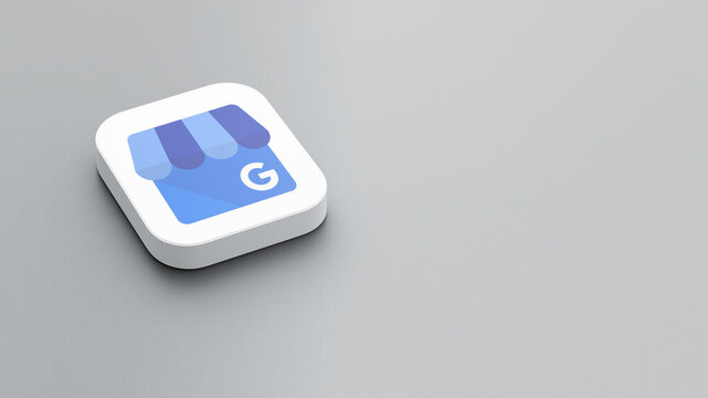 An icon of the Google My Business logo on a gray background, a white square with rounded corners, a minimalistic design, 3D rendering.	