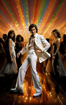 Retro disco dancer man in white suit and flared pants posing with vibrant 70s dance floor background. Pickup artist concept