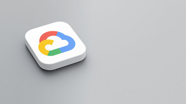 An icon of the Google Cloud Platform logo on a gray background, a white square with rounded corners, a minimalistic design, 3D rendering.	