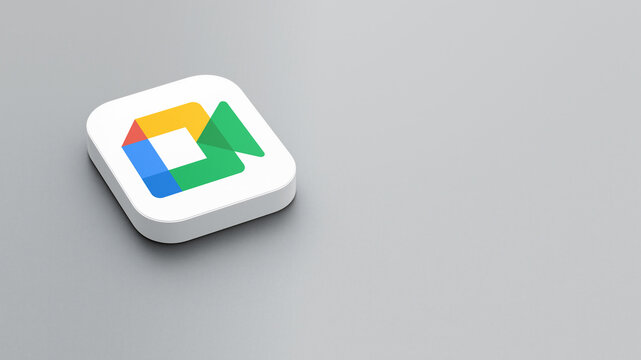 An icon of the Google Meet logo on a gray background, a white square with rounded corners, a minimalistic design, 3D rendering.	