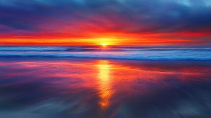 Fototapeta premium Sunset over ocean with vibrant colors reflecting on water, serene and tranquil concept
