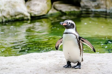 Naklejka premium Cute Penguin Standing by Water Feature in Natural Habitat - Wildlife Photography for Posters and Prints