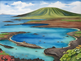 Obraz premium Galápagos Islands Ecuador Country Landscape Watercolor Illustration Art