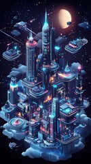 An isometric illustration of a sprawling futuristic city skyline at night.