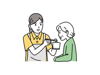 高齢者の食事介助する介護士のイラスト