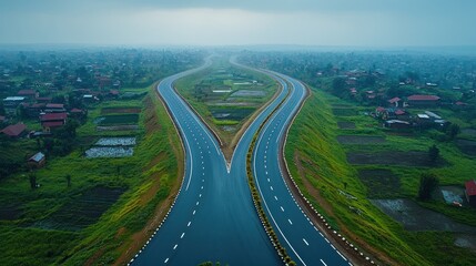 Naklejka premium Aerial View of a Winding Road in a Rural Area