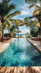 Obraz premium A pool with a wooden deck and palm trees in the background