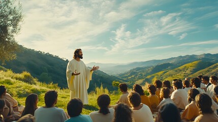 Jesus stands on a hill with his disciples. He is pointing to something in front of him while speaking