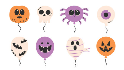  Halloween balloons. Set of cute halloween icons in flat style. Vector illustration.