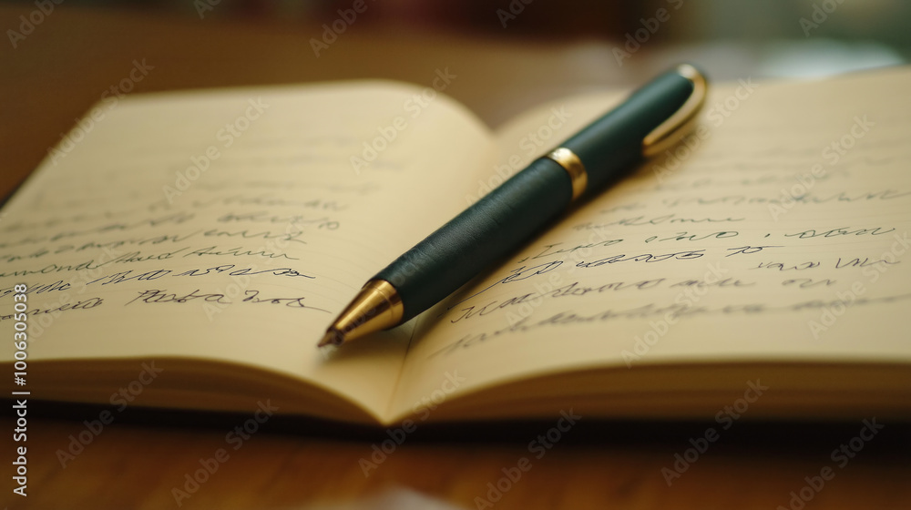 Poster a close-up of handwritten notes and a pen resting on an open notebook during a quiet afternoon study