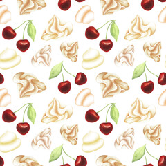 Red cherry, vanilla marshmallow and meringue. Seamless pattern on a white background painted with watercolor. For design, textile, wallpaper, fabric, packaging, scrapbooking