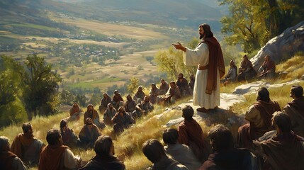 Jesus stands on a hill with his disciples. He is pointing to something in front of him while speaking