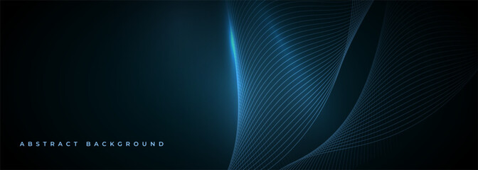 Abstract dark blue wide vector background with glowing blue wavy lines.