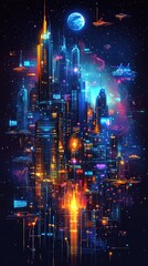 Fototapeta premium An isometric illustration of a sprawling futuristic city skyline at night.