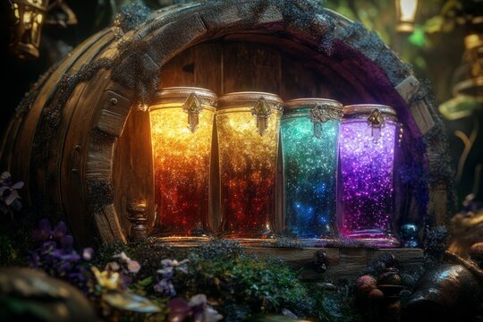 Colorful magical potions in glass jars are displayed beautifully. They shimmer with vibrant hues and sparkles. Perfect for fantasy themes and creative visuals. Generative AI