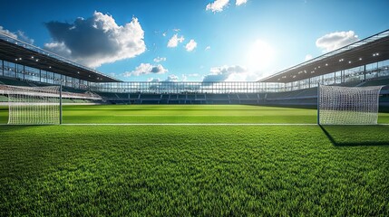 A stadium with a large green field and a goal