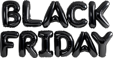 large black shiny balloons arranged to spell 'BLACK FRIDAY' isolate on transparency background PNG