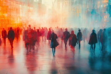 swirling energy of a muted crowd captured in a soft focus creating an abstract representation of human connection and movement with hints of color blending to evoke a sense of activity and life