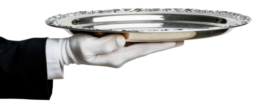 PNG Silver tray being held by a hand service serving gloves.