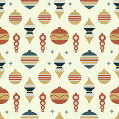 Christmas toys seamless pattern. Christmas decorations in retro 70s style. Vector illustration for background, packaging, wrapping paper