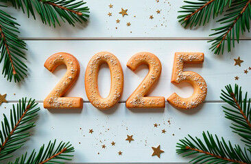 New Year 2025. Text in the form of holiday cookies on a white background with decorations and fir branches