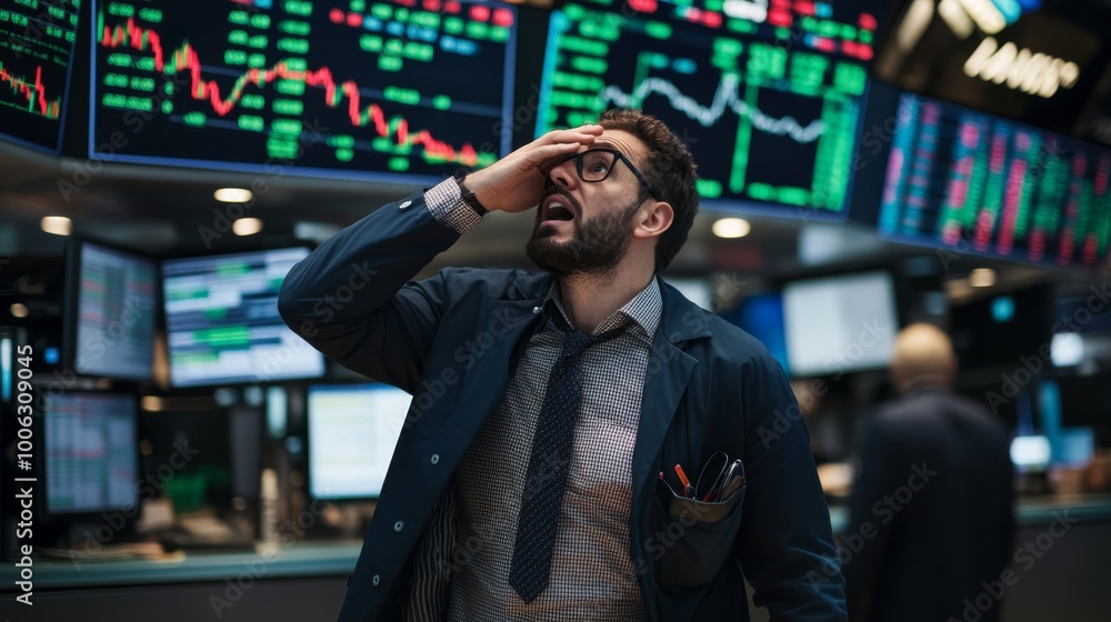 Poster a stock trader in a high-tech trading room expresses disbelief while surrounded by screens displayin