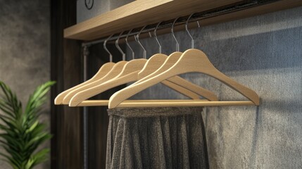 A row of wooden clothes hangers neatly hanging on a metal clothes rack, set in a modern minimalist closet with a realistic background