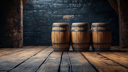 Barrels on a wooden floor against a dark background with vignette
