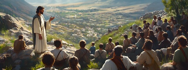 Jesus stands on a hill with his disciples. He is pointing to something in front of him while speaking